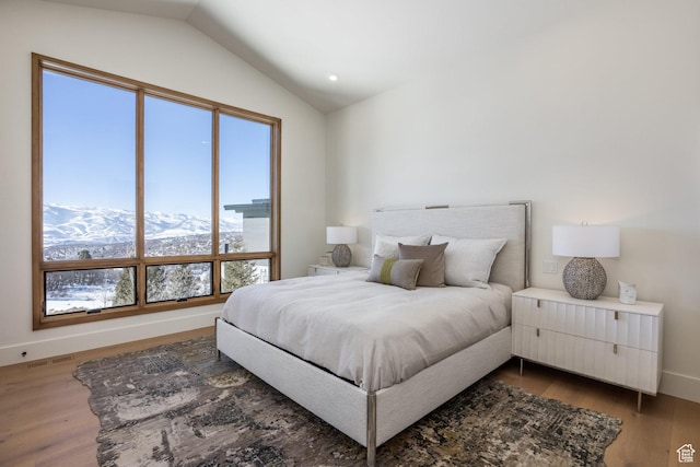 9791 N Uinta Dr, Kamas, UT 84036 - bedroom with baseboards, vaulted ceiling, wood finished floors, and a mountain view