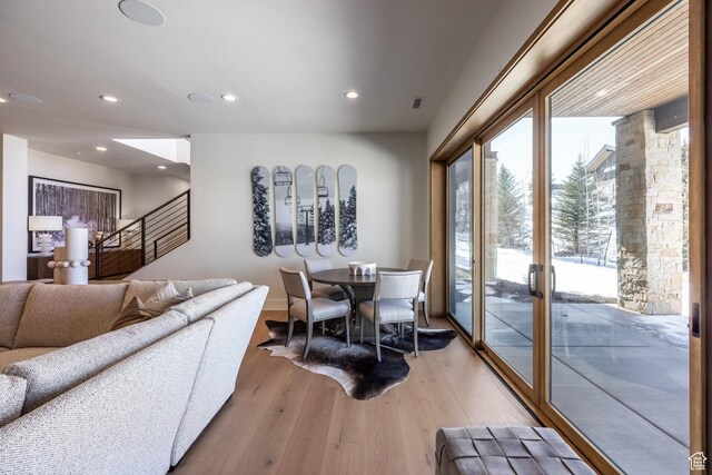 9791 N Uinta Dr, Kamas, UT 84036 - dining space with stairs, visible vents, recessed lighting, and light wood-type flooring