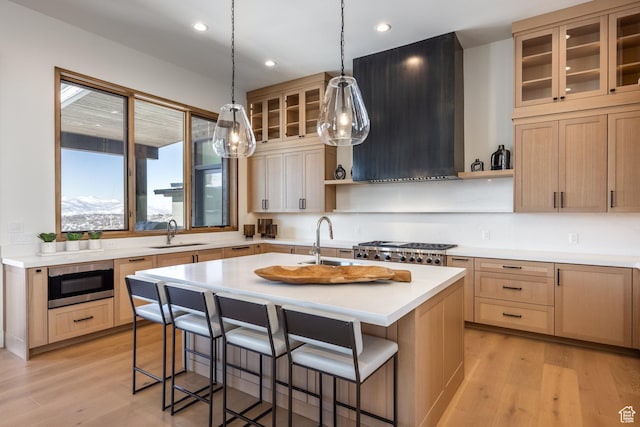 9791 N Uinta Dr, Kamas, UT 84036 - kitchen with wall chimney range hood, a sink, appliances with stainless steel finishes, and open shelves