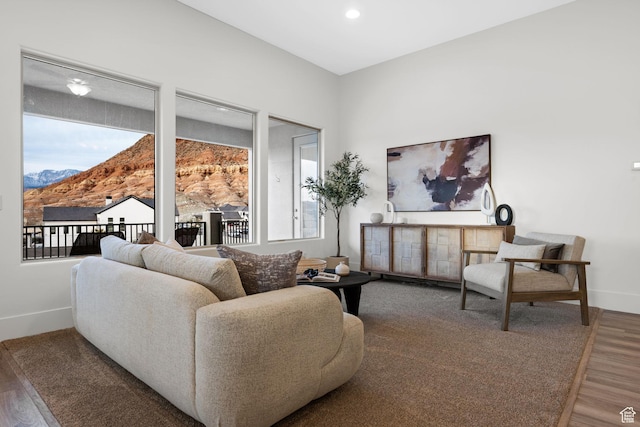living room featuring hardwood / wood-style floors and a mountain view