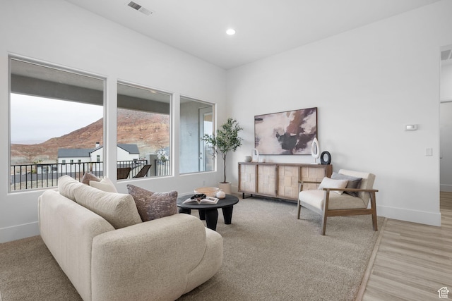 sitting room featuring a mountain view and light wood-type flooring