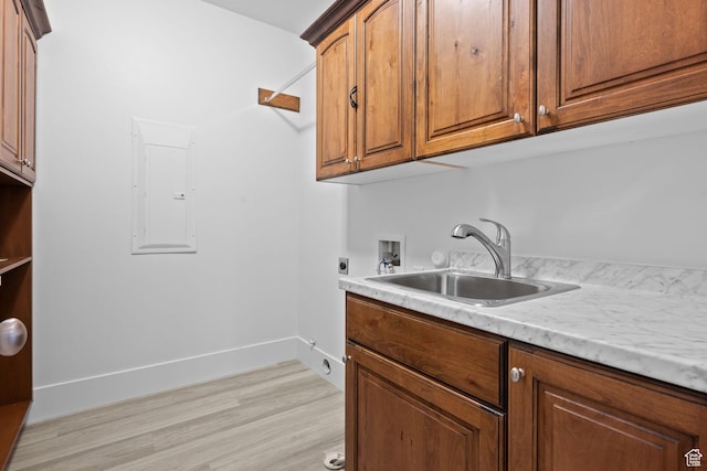 laundry room with washer hookup, electric panel, sink, cabinets, and hookup for an electric dryer