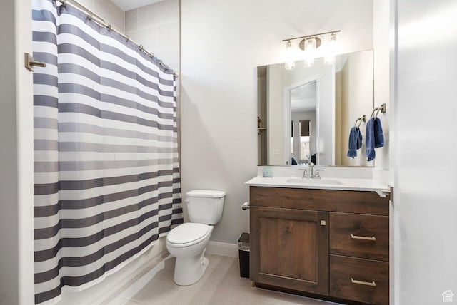 bathroom with walk in shower, tile patterned floors, toilet, and vanity