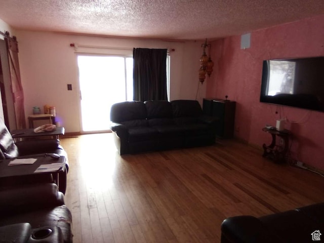 living room with hardwood / wood-style floors and a textured ceiling