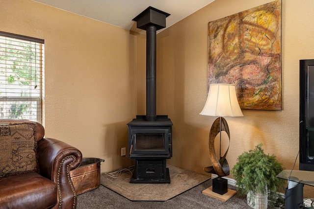 1361 S Roadrunner Cir, Kanab, UT 84741 - interior space with a wood stove and carpet flooring