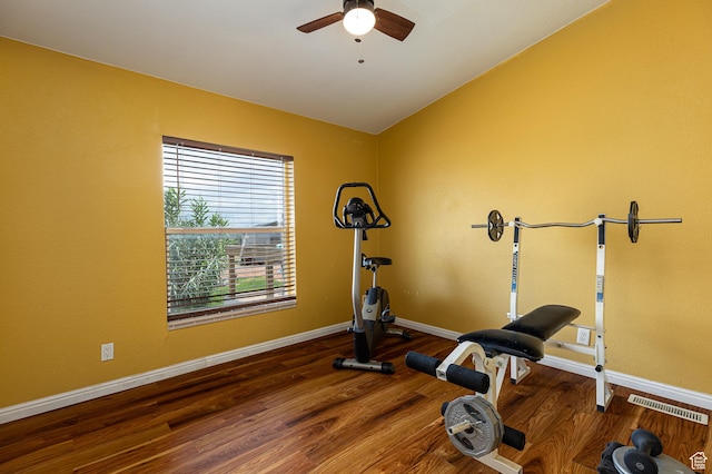 1361 S Roadrunner Cir, Kanab, UT 84741 - workout room with lofted ceiling, dark hardwood / wood-style floors, and ceiling fan