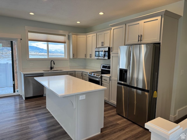 205 W 400 S, Ephraim, UT 84627 - kitchen with stainless steel appliances, a sink, a kitchen island, dark wood finished floors, and recessed lighting