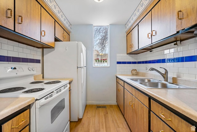 4409 S Rosehaven Ct Unit B, West Valley City, UT 84120 - kitchen with electric stove, a sink, light wood finished floors, backsplash, and visible vents