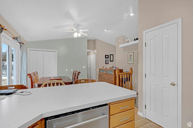 260 S 370 E, Smithfield, UT 84335 - kitchen featuring lofted ceiling, light brown cabinets, dishwasher, ceiling fan, and light hardwood / wood-style floors