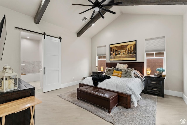 802 E Prairie Way, Washington, UT 84780 - bedroom with beam ceiling, ceiling fan, light hardwood / wood-style floors, a barn door, and ensuite bath