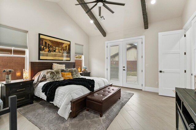802 E Prairie Way, Washington, UT 84780 - bedroom with ceiling fan, vaulted ceiling with beams, light hardwood / wood-style floors, access to outside, and french doors