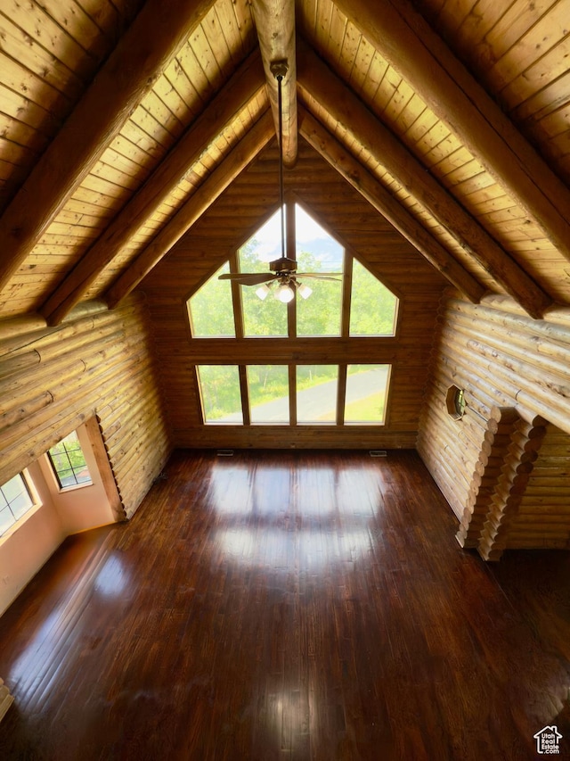 485 S Woodland Hills Dr, Woodland Hills, UT 84653 - unfurnished living room with wooden ceiling, ceiling fan, dark wood-type flooring, and rustic walls