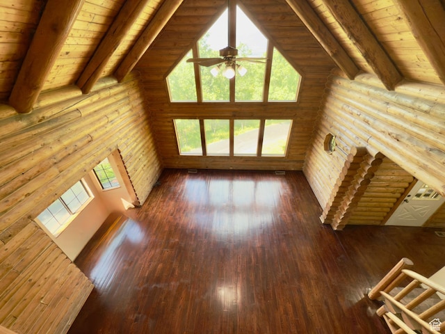 485 S Woodland Hills Dr, Woodland Hills, UT 84653 - unfurnished living room with a ceiling fan, wooden ceiling with exposed beams, rustic walls, hardwood / wood-style floors, and high vaulted ceiling