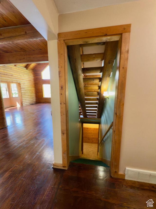 485 S Woodland Hills Dr, Woodland Hills, UT 84653 - hall with wood finished floors, wooden ceiling with exposed beams, and baseboards