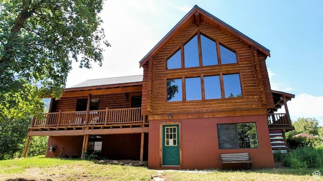 485 S Woodland Hills Dr, Woodland Hills, UT 84653 - back of property with log exterior, a deck, and stairs