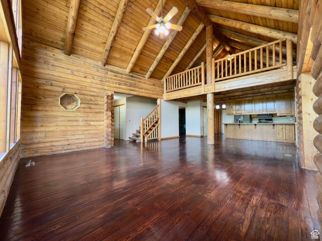 485 S Woodland Hills Dr, Woodland Hills, UT 84653 - unfurnished living room featuring high vaulted ceiling, dark wood-style floors, stairs, ceiling fan, and wood ceiling with exposed beams