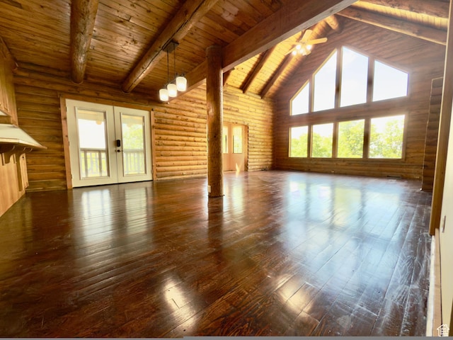 485 S Woodland Hills Dr, Woodland Hills, UT 84653 - unfurnished living room featuring french doors, wooden ceiling with exposed beams, dark wood finished floors, plenty of natural light, and high vaulted ceiling