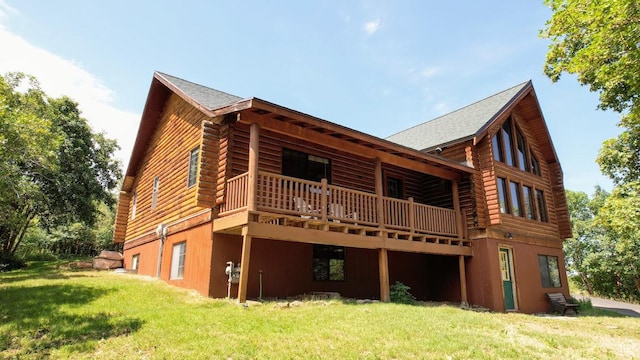 485 S Woodland Hills Dr, Woodland Hills, UT 84653 - back of house featuring a yard, a wooden deck, a shingled roof, and log siding