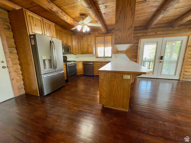 485 S Woodland Hills Dr, Woodland Hills, UT 84653 - kitchen with stainless steel appliances, a peninsula, wooden ceiling with exposed beams, a sink, and dark wood-style floors