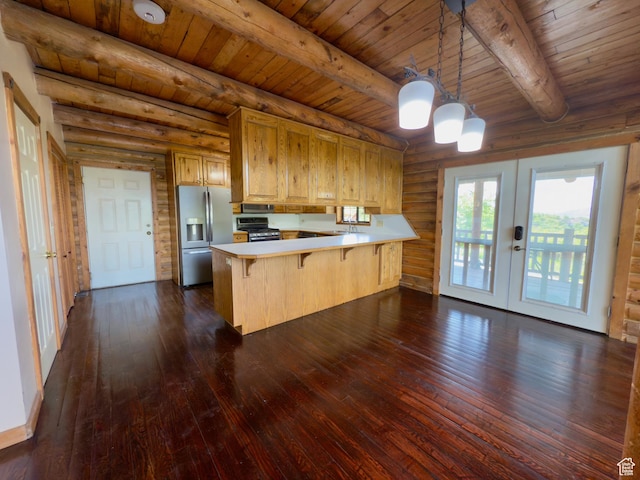 485 S Woodland Hills Dr, Woodland Hills, UT 84653 - kitchen with stainless steel appliances, french doors, a peninsula, light countertops, and wooden ceiling with exposed beams