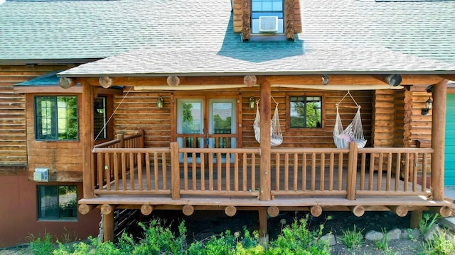 485 S Woodland Hills Dr, Woodland Hills, UT 84653 - back of property featuring a shingled roof, log siding, a deck, and cooling unit