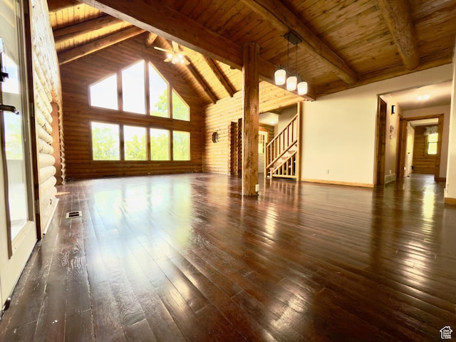 485 S Woodland Hills Dr, Woodland Hills, UT 84653 - unfurnished living room featuring healthy amount of natural light, hardwood / wood-style flooring, wooden ceiling with exposed beams, stairs, and high vaulted ceiling