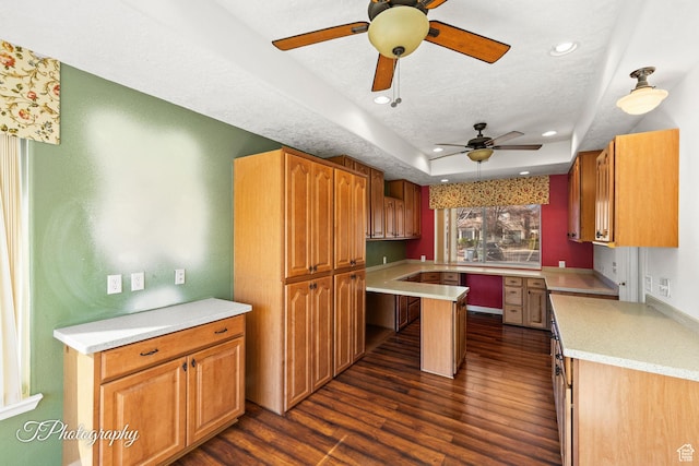kitchen featuring dark hardwood / wood-style floors, a tray ceiling, built in desk, and a textured ceiling