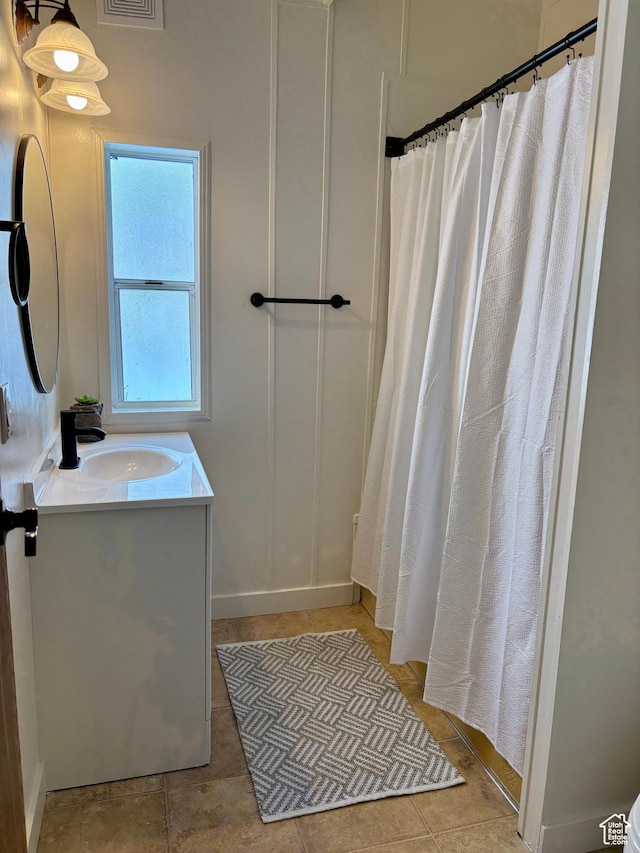 260 S 300 E, Heber City, UT 84032 - bathroom with vanity, a shower with shower curtain, tile patterned flooring, and visible vents