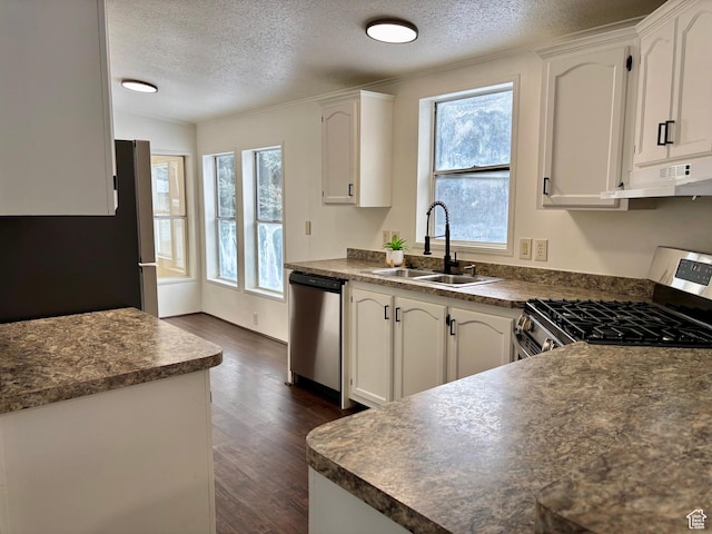 kitchen with sink, appliances with stainless steel finishes, dark hardwood / wood-style floors, a wealth of natural light, and white cabinets