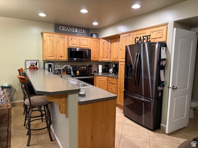 2044 N Evans Cove Loop W, Layton, UT 84041 - kitchen featuring dark countertops, black electric range oven, a sink, refrigerator with ice dispenser, and light tile patterned flooring