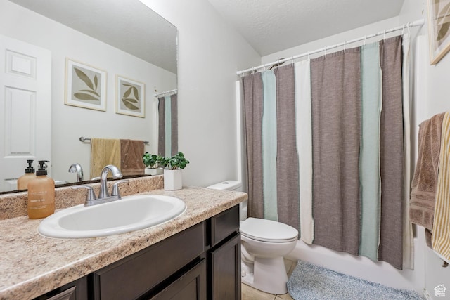 5171 W Dartford Way, West Valley City, UT 84120 - full bathroom featuring tile patterned flooring, vanity, a textured ceiling, toilet, and shower / bath combo with shower curtain