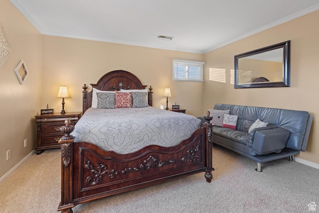 carpeted bedroom with crown molding, baseboards, and visible vents