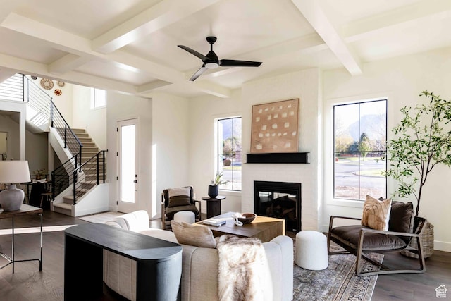 1318 Mahogany Way, Park City, UT 84098 - living room with beamed ceiling, coffered ceiling, dark wood-type flooring, and a fireplace