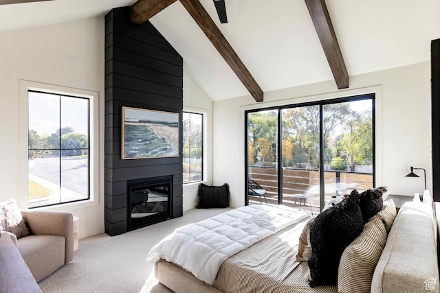1318 Mahogany Way, Park City, UT 84098 - bedroom featuring high vaulted ceiling, beamed ceiling, a large fireplace, access to exterior, and light carpet