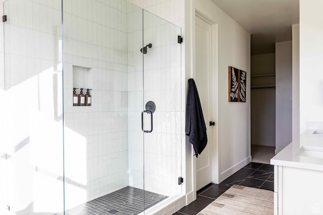 1318 Mahogany Way, Park City, UT 84098 - bathroom featuring tile patterned flooring, vanity, and a shower with door