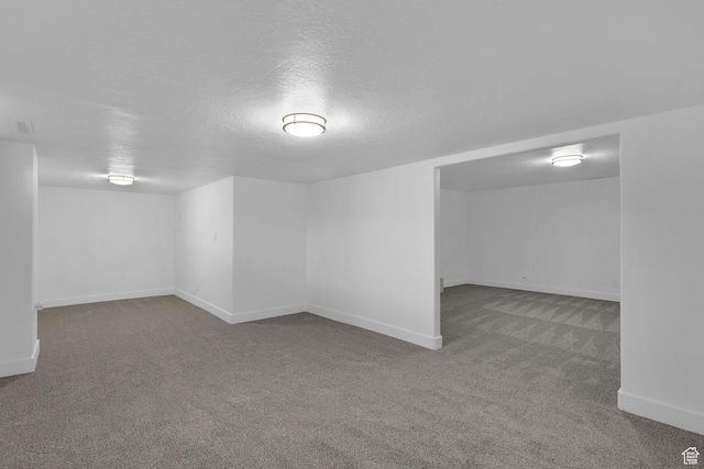basement with a textured ceiling and carpet flooring