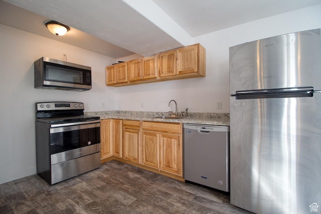 1247 S Alpine Dr, Saratoga Springs, UT 84045 - kitchen featuring stainless steel appliances, a sink, light brown cabinets, and baseboards