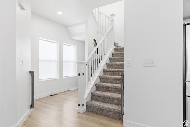 11283 S Willow Walk Dr W, South Jordan, UT 84009 - stairs with wood finished floors, baseboards, and recessed lighting