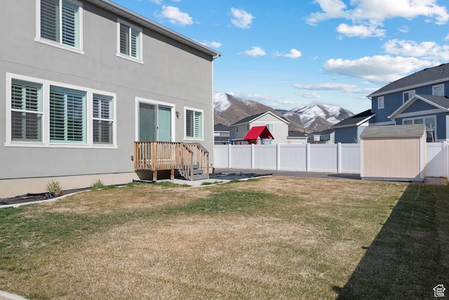 621 W 950 S, Springville, UT 84663 - view of yard featuring a storage shed, an outbuilding, a fenced backyard, and a mountain view