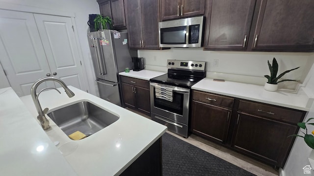 5343 W Big Sur Dr, South Jordan, UT 84009 - kitchen with stainless steel appliances, light countertops, a sink, and dark brown cabinetry