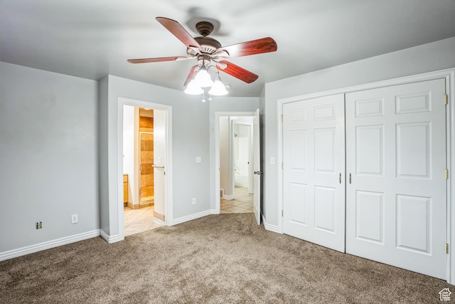 877 S 200 W, Mona, UT 84645 - unfurnished bedroom featuring ceiling fan, a closet, ensuite bath, and light carpet