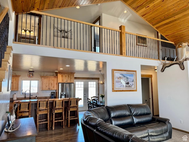 living room featuring french doors, dark wood-style floors, recessed lighting, wooden ceiling, and high vaulted ceiling