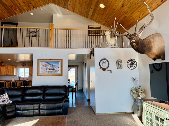 living room featuring wooden ceiling, recessed lighting, and high vaulted ceiling