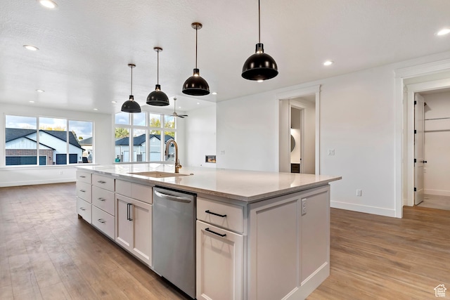 434 W 450 S Unit 815, Farmington, UT 84025 - kitchen featuring dishwasher, light wood-type flooring, white cabinets, a center island with sink, and recessed lighting
