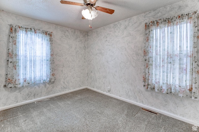 carpeted spare room with ceiling fan, a wealth of natural light, and a textured ceiling