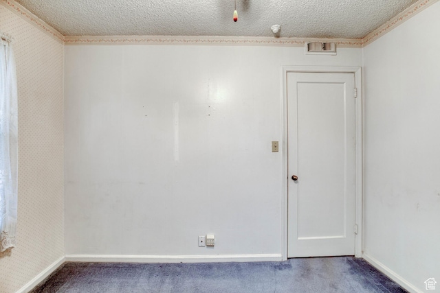 unfurnished room with carpet and a textured ceiling