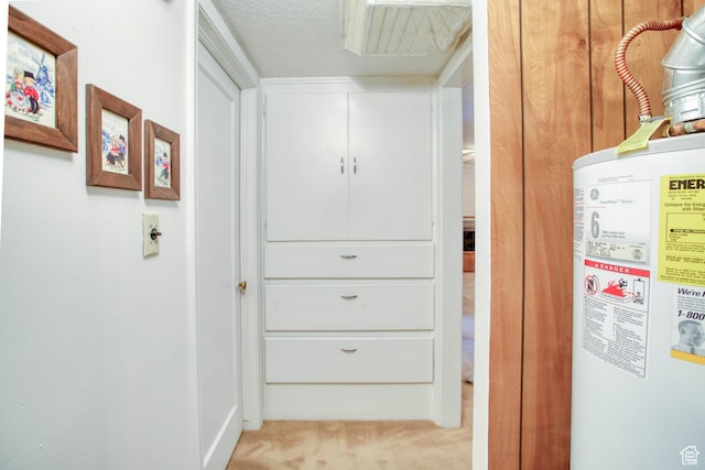 corridor with light carpet and a textured ceiling