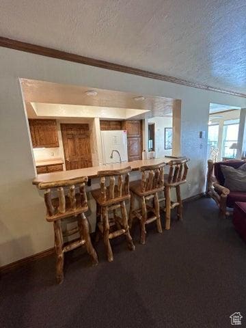 150 W Ridgeview St Unit 213, Brian Head, UT 84719 - bar with white refrigerator, ornamental molding, dark carpet, and a textured ceiling