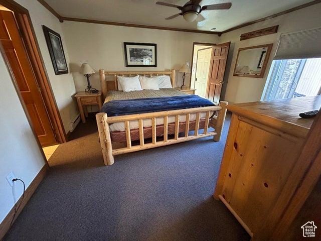 150 W Ridgeview St Unit 213, Brian Head, UT 84719 - bedroom with ceiling fan, ornamental molding, a baseboard radiator, and carpet