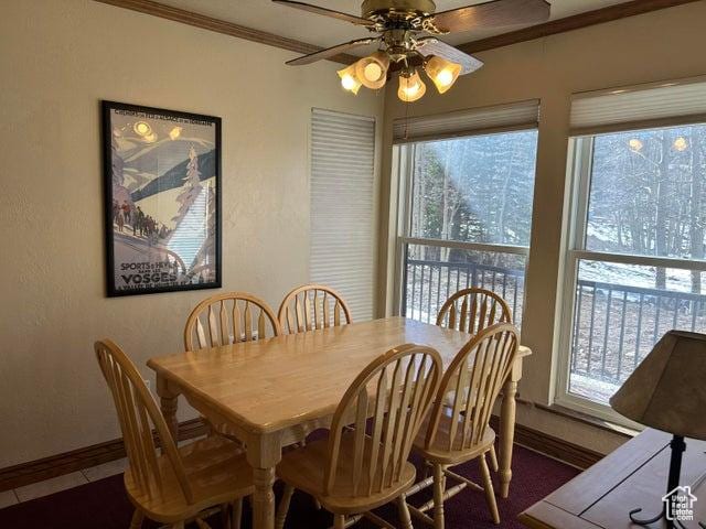 150 W Ridgeview St Unit 213, Brian Head, UT 84719 - dining room with ceiling fan, crown molding, and dark tile patterned floors